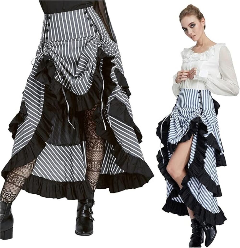 NEW Belle Pogue Striped Gathered Steampunk Skirts Women 2X Plus Black White Blue